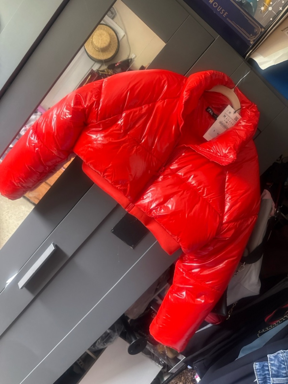 Shiny Cropped Red Puffer Jacket - Picture 4 of 7